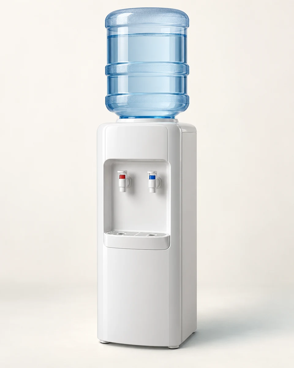 Illustrative white water dispenser with an inverted 18.9-litre bottle.