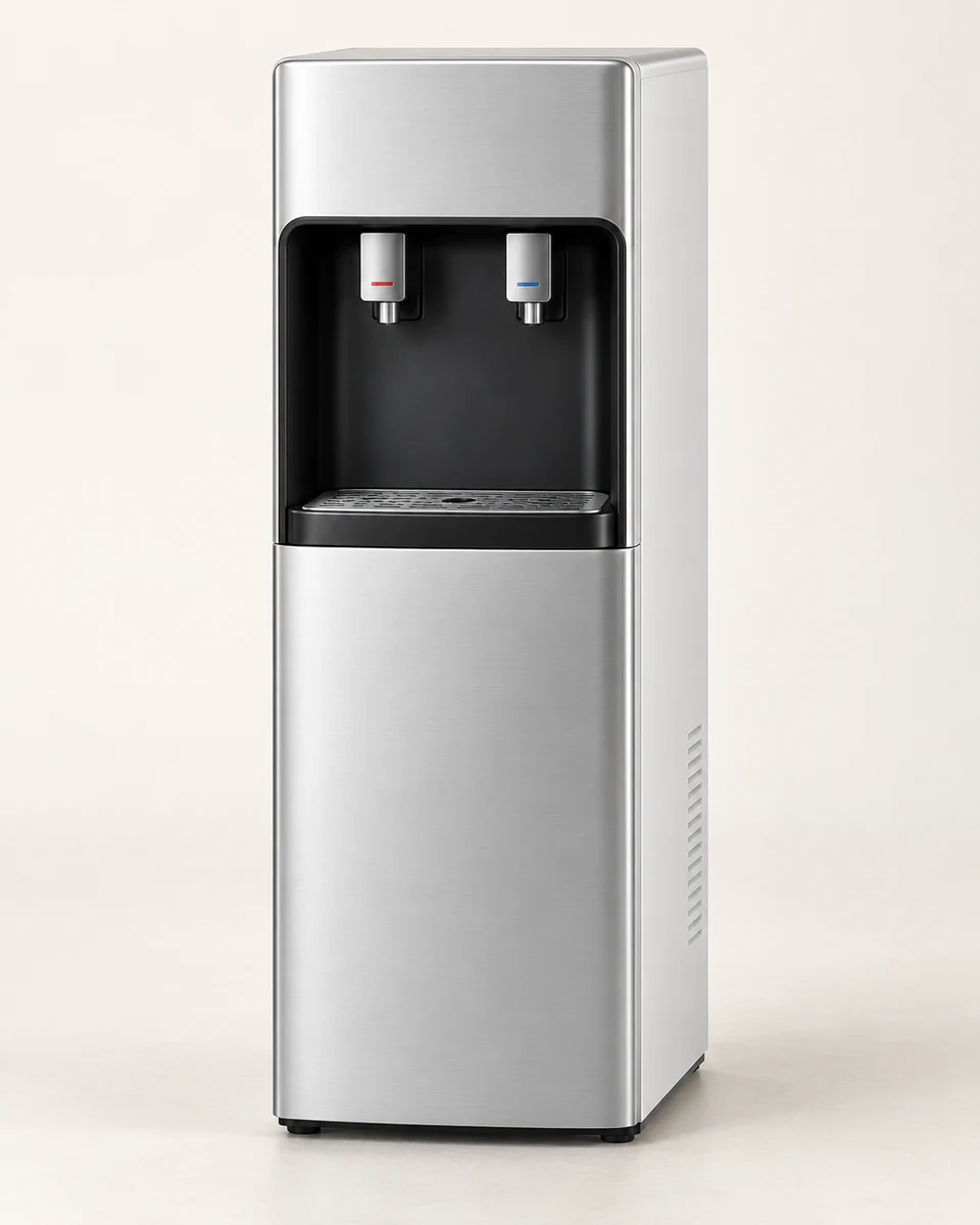Illustrative silver bottleless water dispenser with filtration.