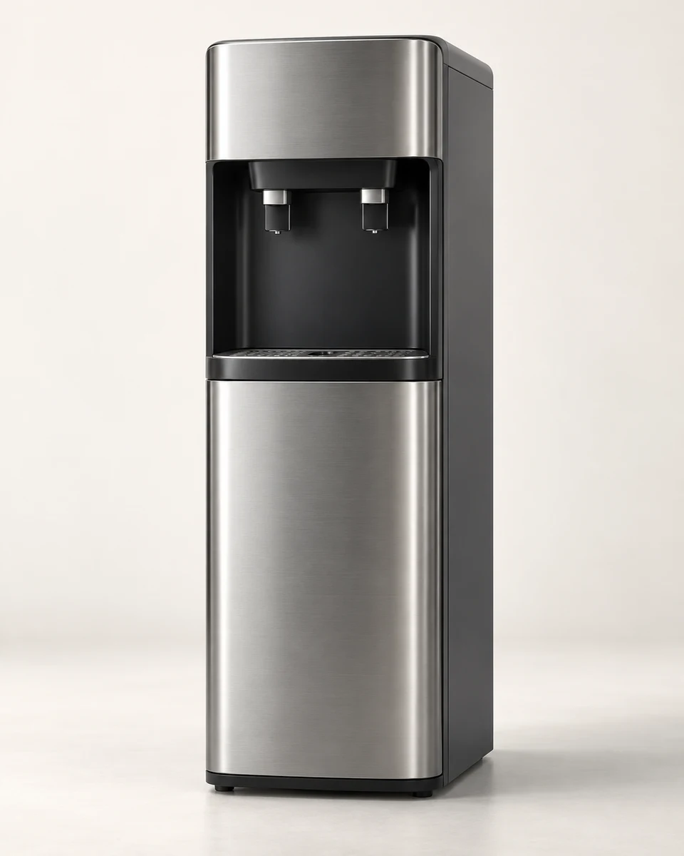 Illustrative brushed steel and charcoal premium water dispenser.