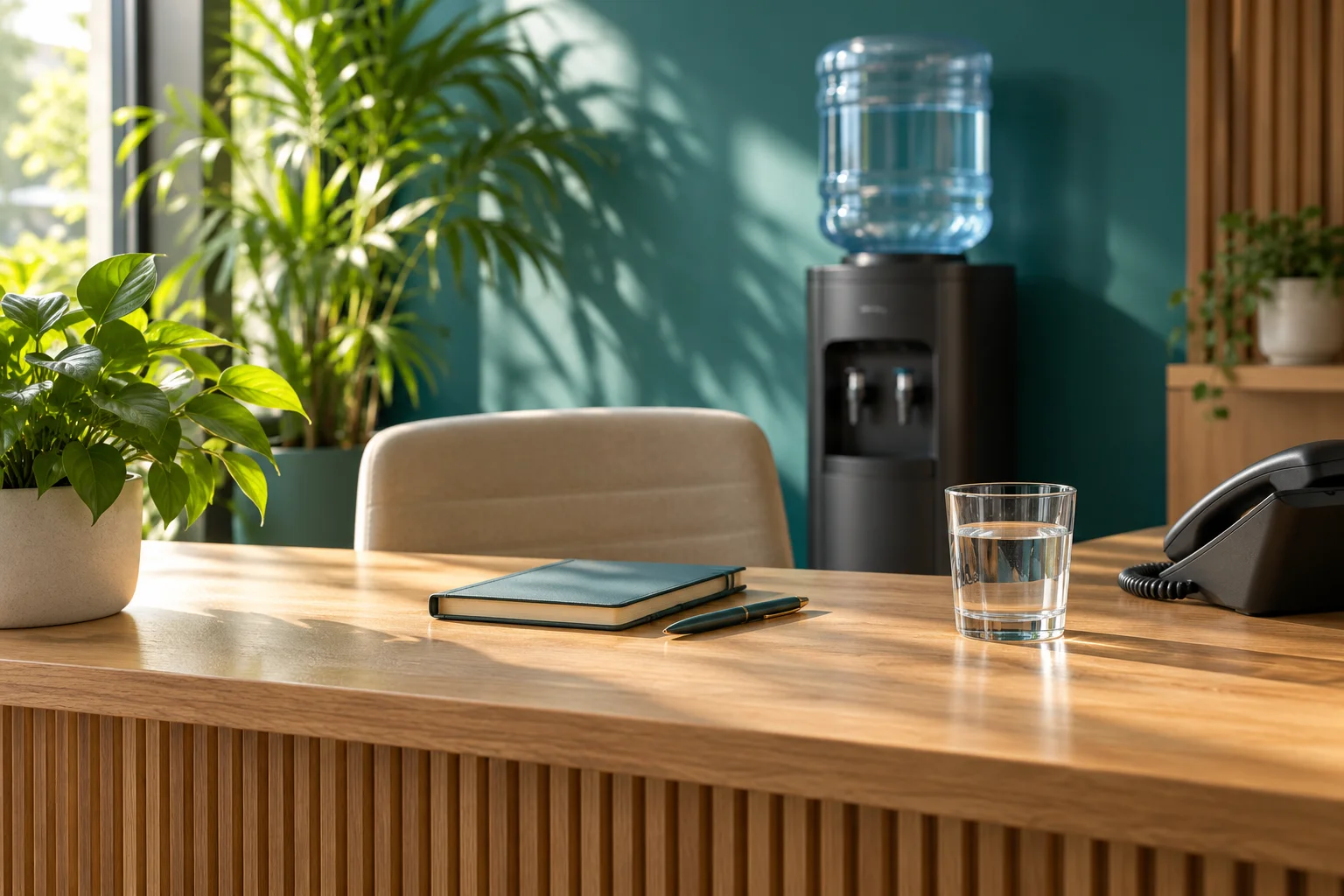 A welcoming enquiry desk with a telephone, notebook and glass of water.