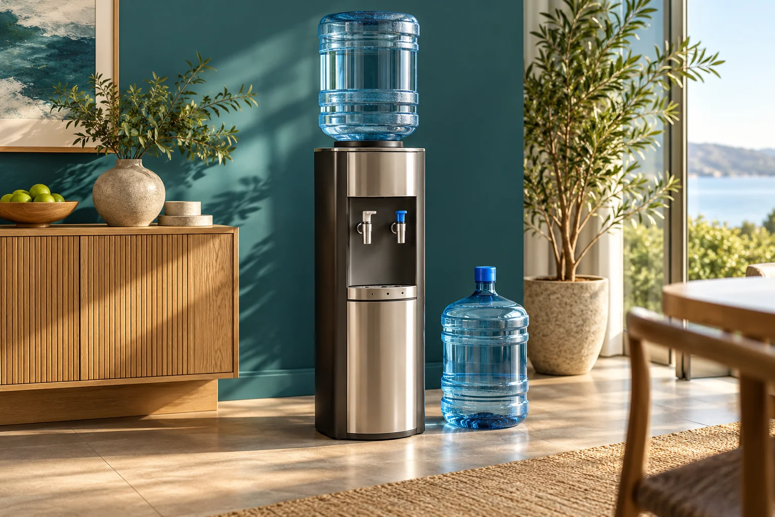 A stainless steel dispenser with an inverted plastic water bottle and a spare bottle.
