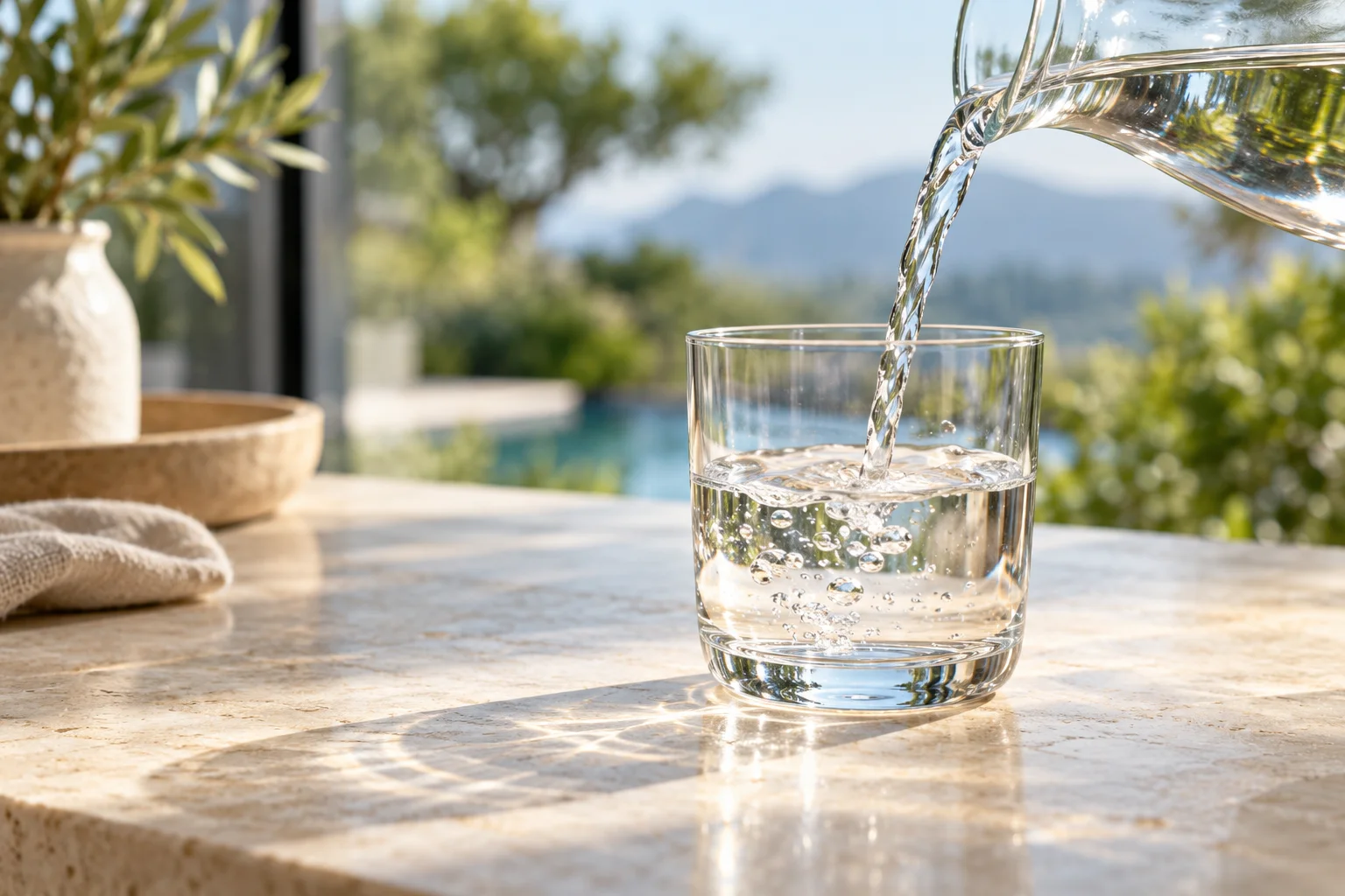 Sunlight catching water as it pours from a glass carafe into a drinking glass.