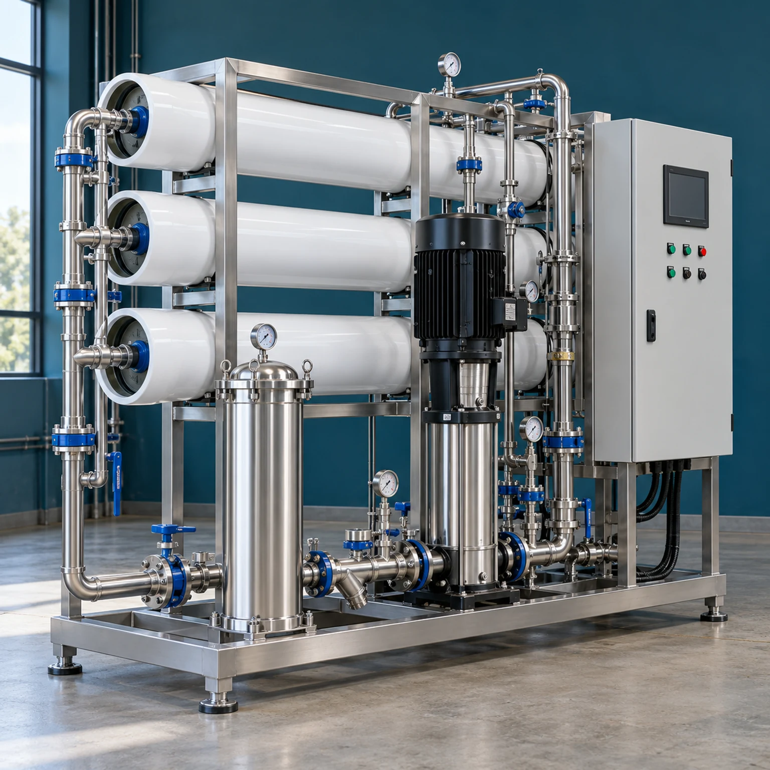 Illustrative industrial reverse osmosis skid with membrane housings, stainless steel pipework, pump and control cabinet.