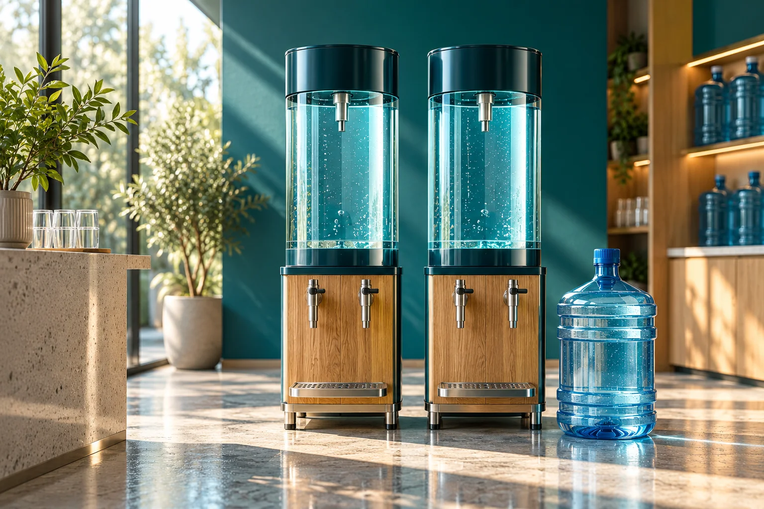 Twin teal and oak refill stations beside a large plastic water bottle.