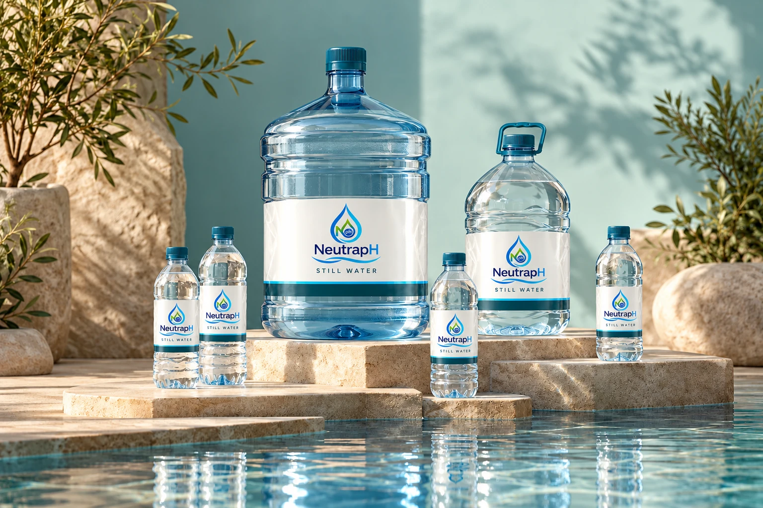 Illustrative NeutrapH bottled-water range with consistent white labels and dark teal caps on warm stone plinths.