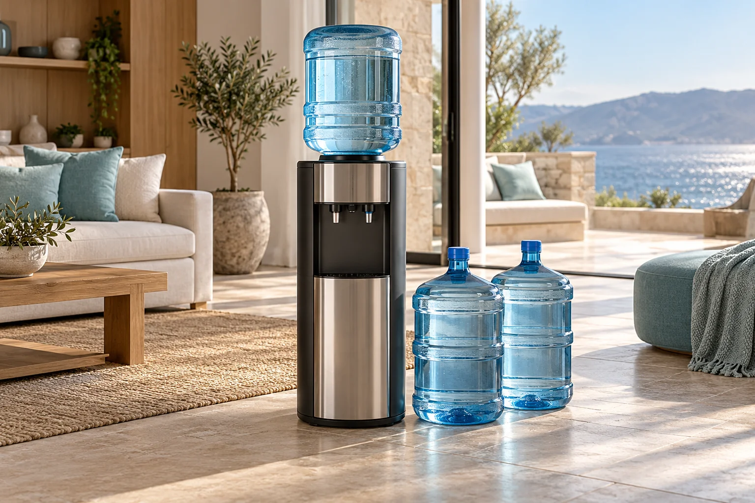 A home water dispenser with large reusable plastic water bottles.