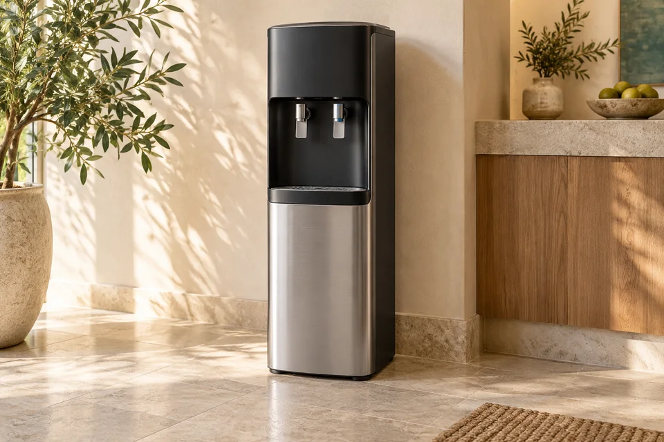 Illustrative water dispenser in a sunlit home.