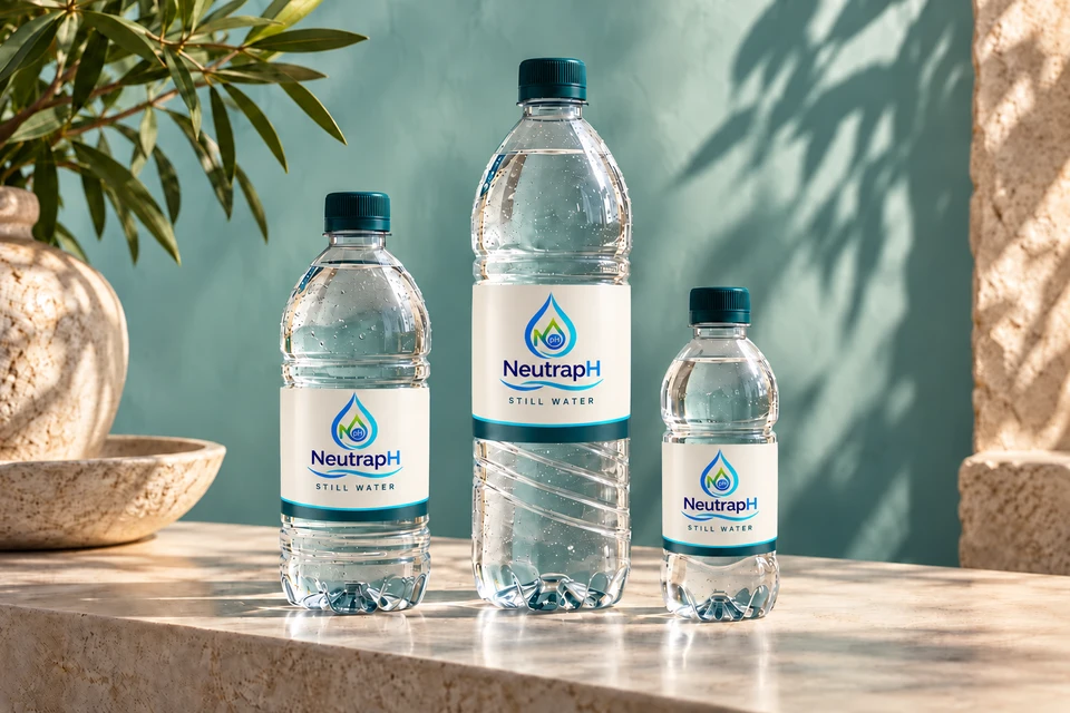 Illustrative NeutrapH water bottles with premium white labels, cyan accents and dark teal caps.