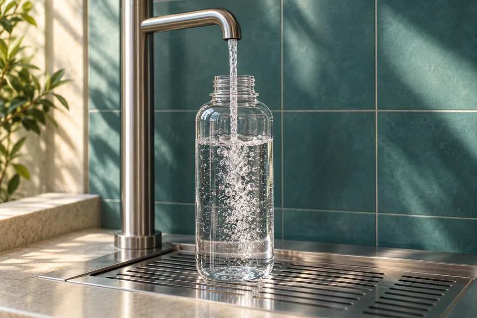 Illustrative refill tap filling a reusable bottle.