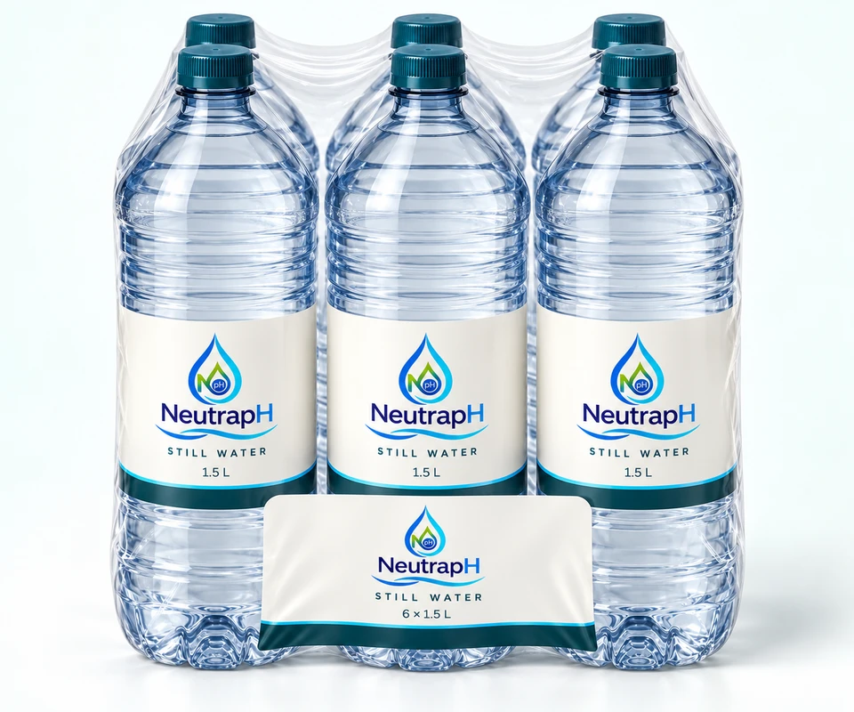 Illustrative six-pack of 1.5 L NeutrapH bottles with matching premium labels.