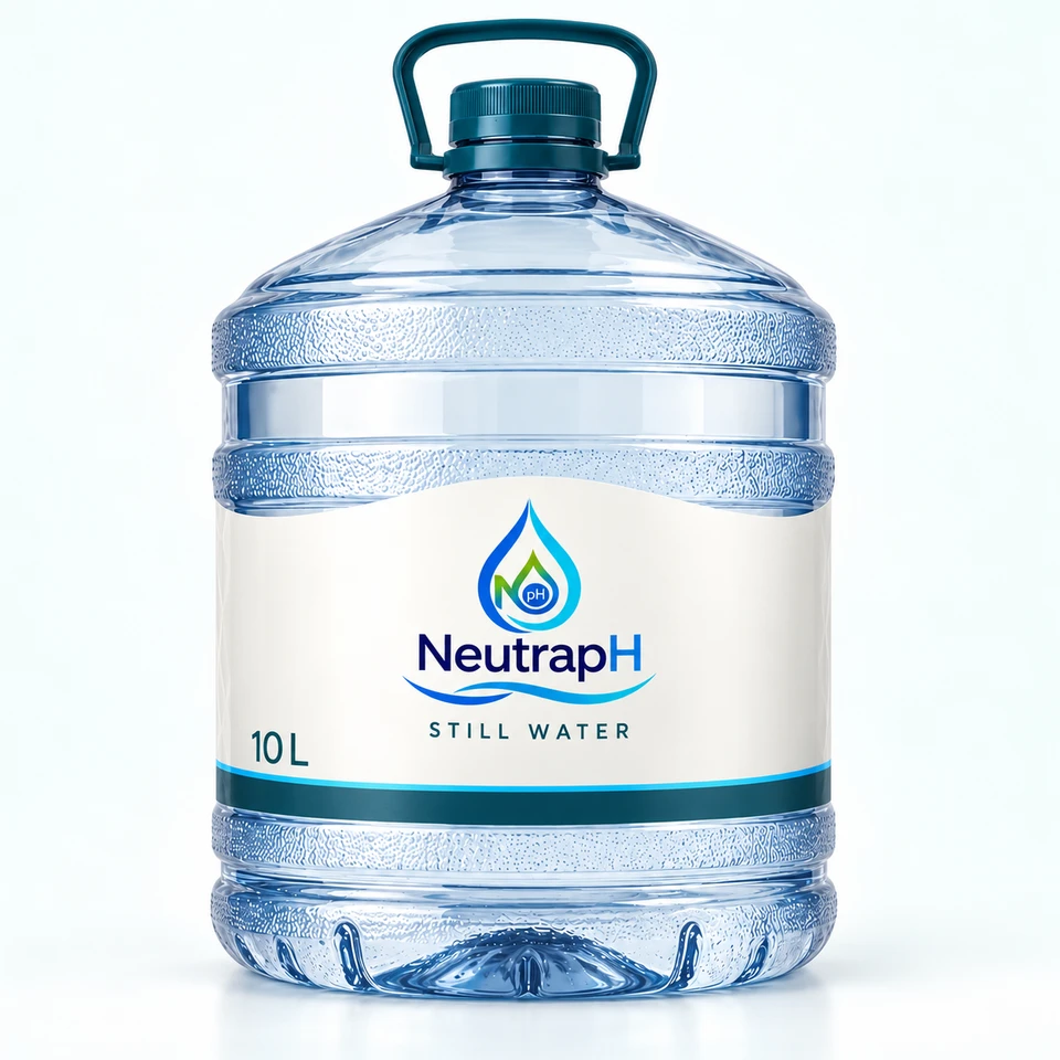 Illustrative 10 L NeutrapH bottle with a dark teal handle and premium white label.
