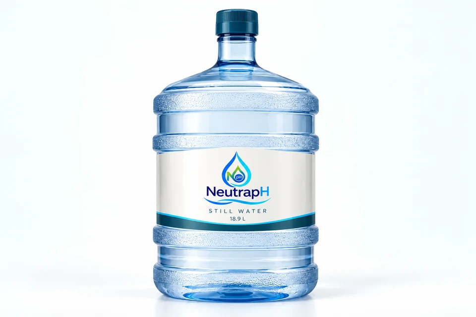 Illustrative 18.9 L NeutrapH dispenser bottle with matching premium branding.