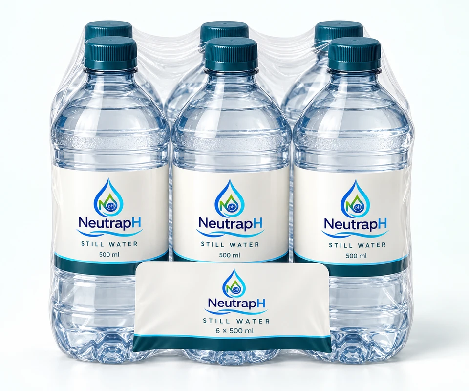 Illustrative six-pack of 500 ml NeutrapH bottles with premium white and cyan labels.