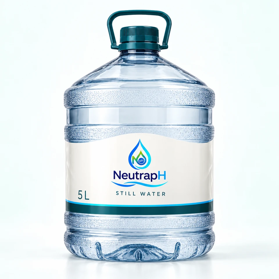 Illustrative 5 L NeutrapH bottle with a dark teal handle and premium white label.