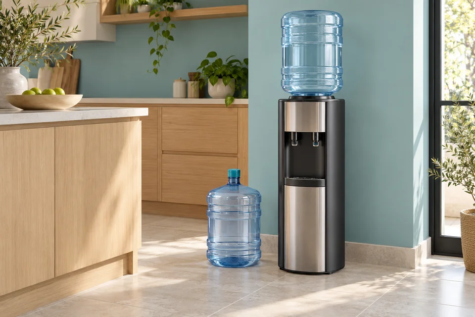 Illustrative water dispenser with 18.9-litre plastic water bottles.